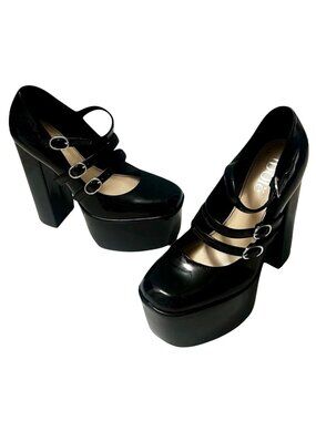 Idoré Perla Black Mary Jane 5.5” Block Heels Round Toe Patent-Like Women’s Sz 6
